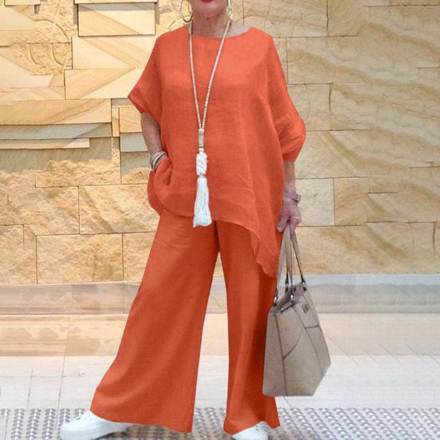 New Women's Cotton Linen Fashion Casual Plus Size Asymmetrical Long Sleeve Set Wide Leg Pants Two Piece Outfit