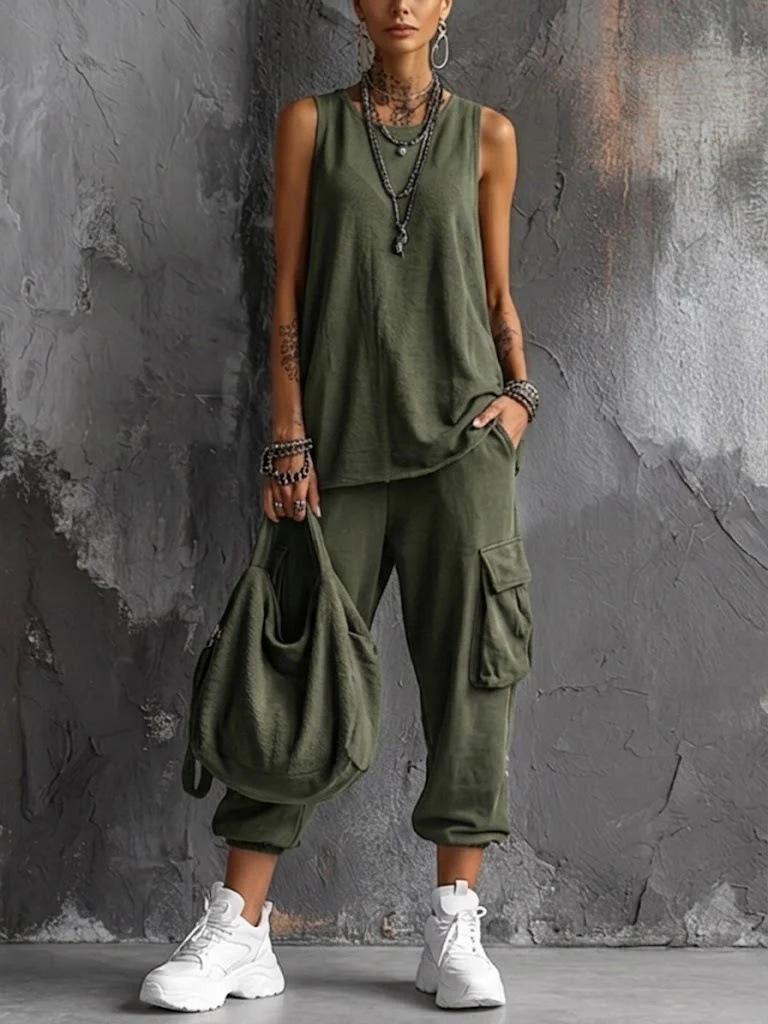 Women Solid Color Sleeveless Tank Top And Cargo Pants Two Piece Set Streetwear Casual Loose Fit Summer Outfit