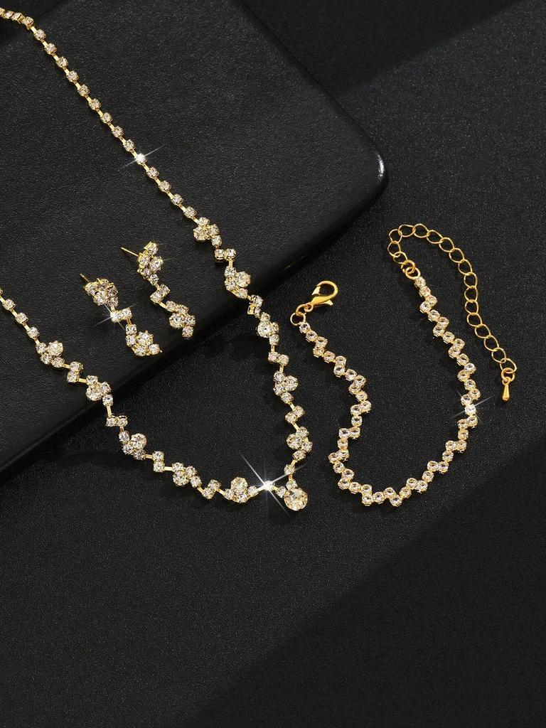 European and American Style Cross-Border Necklace, Earrings, Bracelet Set, 4pcs Bridal Jewelry for Banquet and Party, Fashionable and Versatile