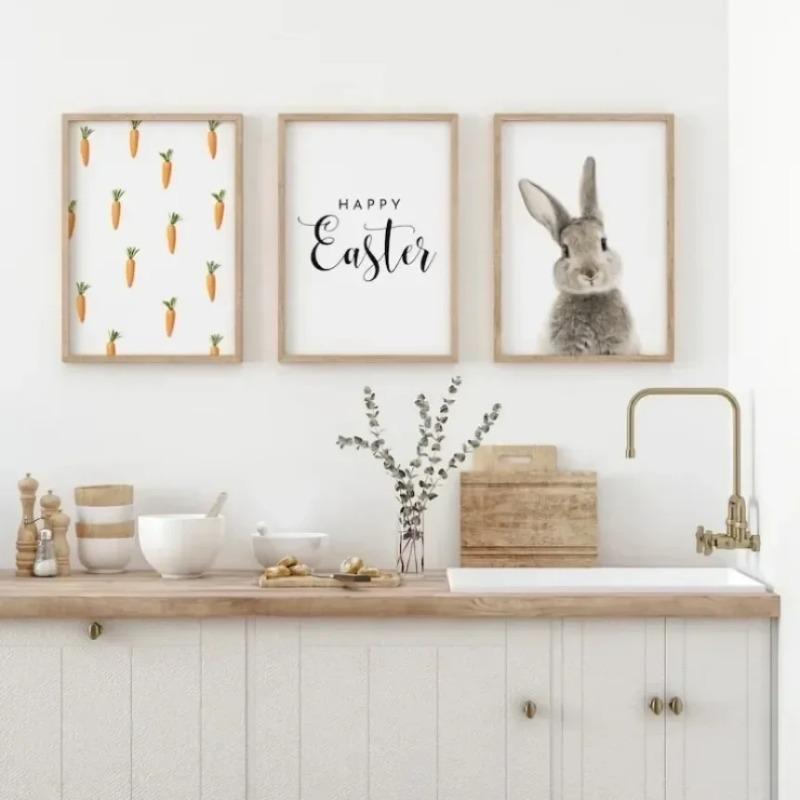 Boho Bunny And Flowers Decorative Easter Print Wall Art Poster Warm Modern Gallery Wall Living Room Decorative Canvas Painting