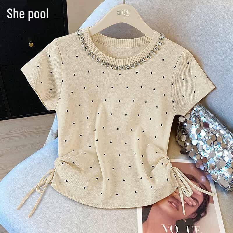 French Style Polka Dot Rhinestone Knit T-Shirt One Size