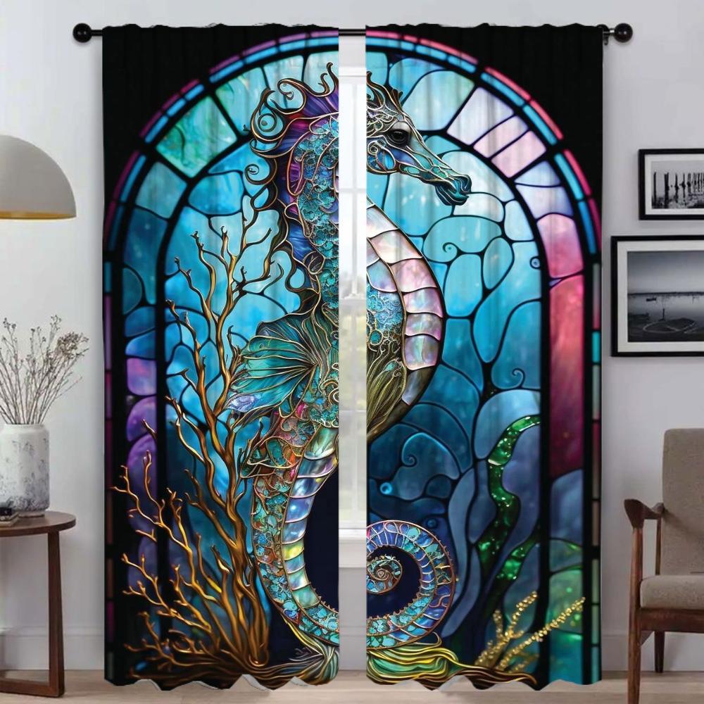 Modern Living Room Curtains for Camera Stained Glass Sealife Blackout Curtain Tulle for Bedroom Halloween Decoration Shades Home