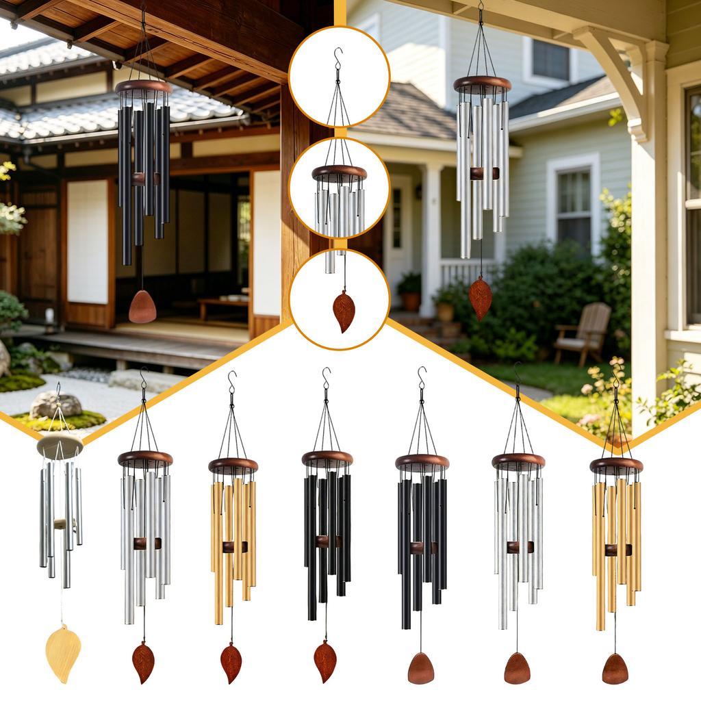 Six Tube Vintage Aluminum Wind Chime Outdoor Hanging Decoration with Natural Wood Top and Leaf Shaped Wind Catcher for Garden Patio Porch
