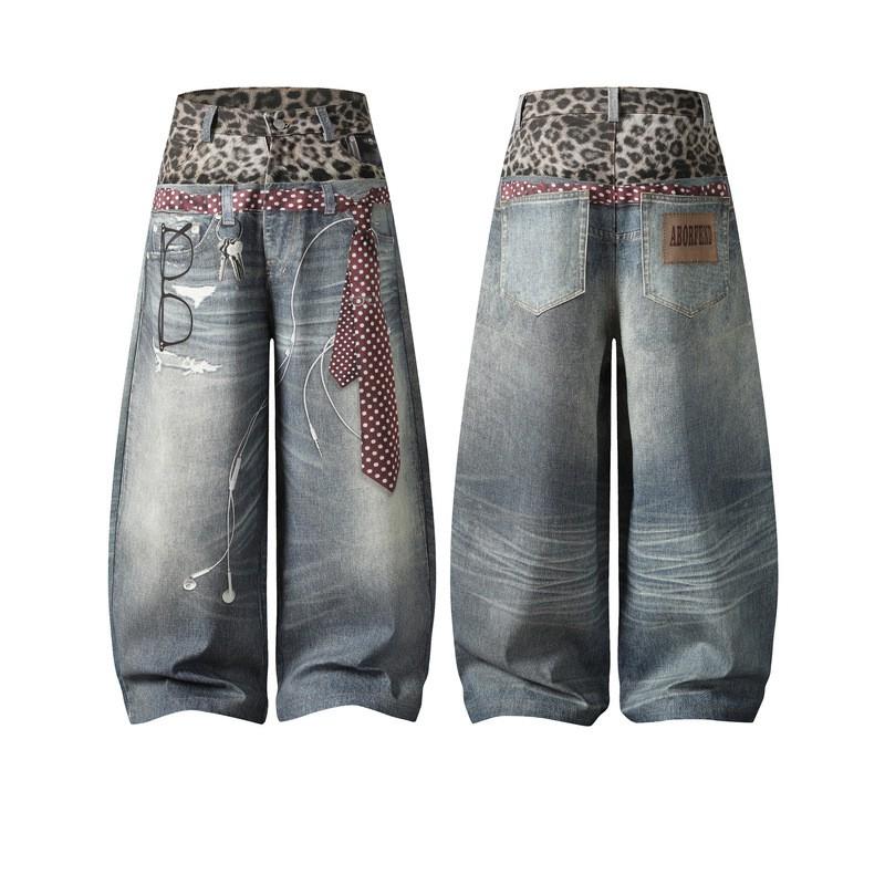 Pantalones Vaqueros Anchos de Algodón Lavado al Agua con Estampado de Leopardo Retro Unisex de Doble Cintura Corte Recto Tiro Medio