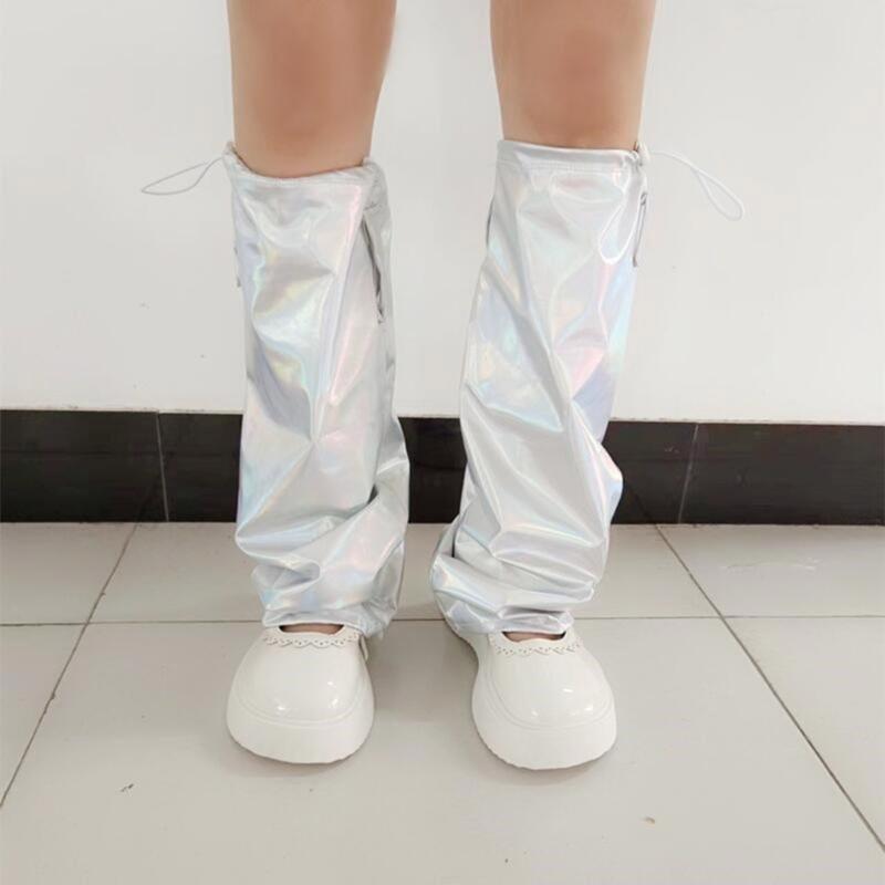 Women Harajuku Shinning Metallic Leg Warmer with Drawstring Flared Long Socks Grunge Baggy Loose Foot Cover Streetwear