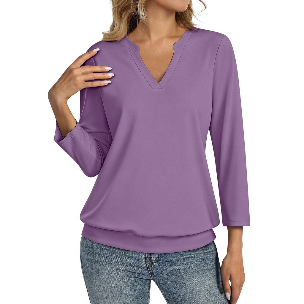 Damska Codzienna Modna Koszulka z Rękawem 3/4 Top z Dekoltem V