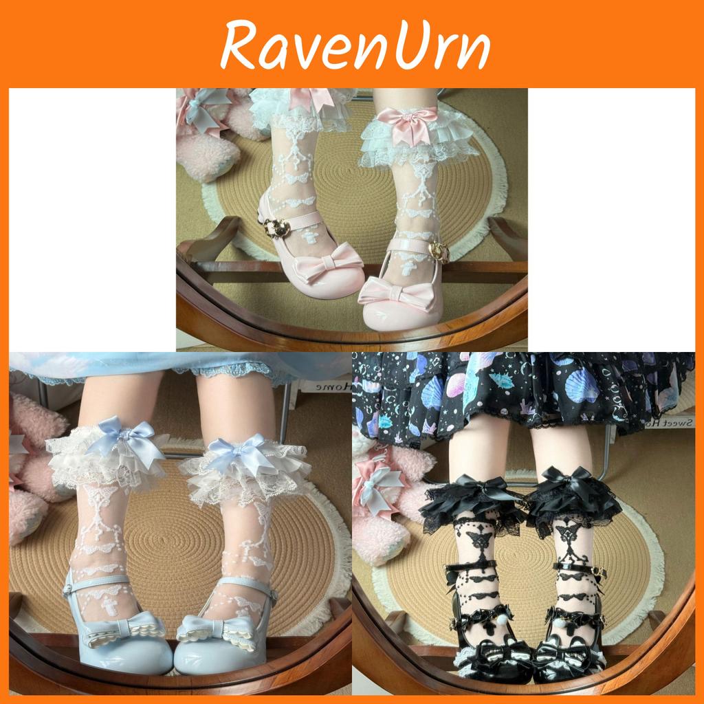 Lolita Butterfly Pattern Nylon Girls Midcalf Socks With Lace Trim For Spring Summer Wear