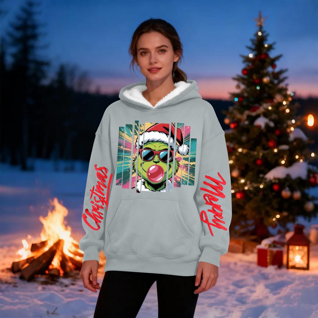 Women's Casual Fashion Plus Velvet Thickened Christmas Print Hooded Sweatshirt