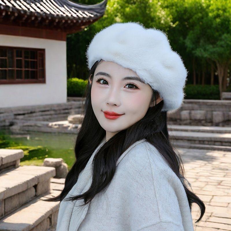 New Beret Women's Mink Hair Hat Pumpkin Foreign Style Fashion Thickened Versatile Octagonal Hat Winter Warm Hat