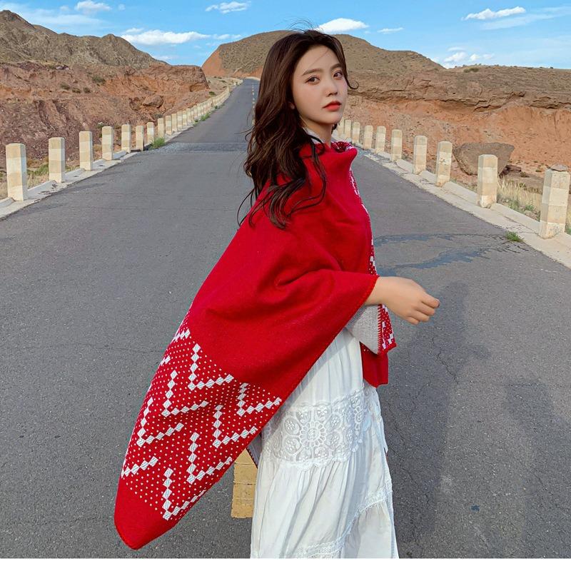 Sun Protection Scarf, Red Knitted Jacket, Travel Photo Cape, Large Shawl for Women, Autumn and Winter
