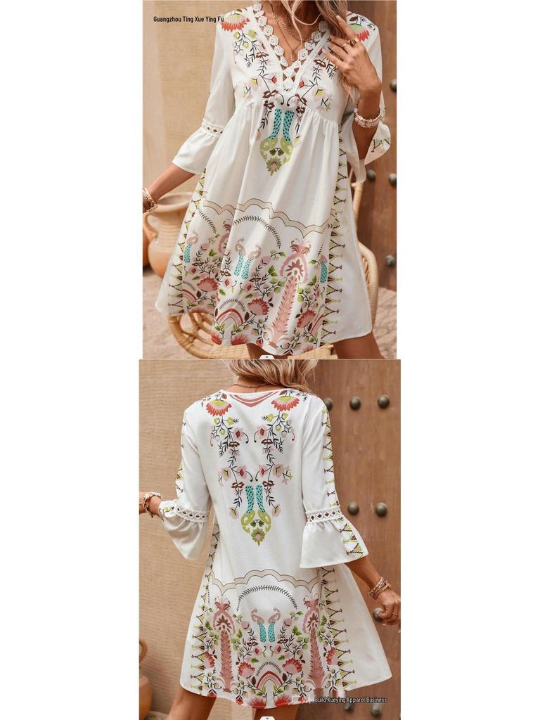 Women's Summer V-Neck Lace Patchwork Casual Printed Dress