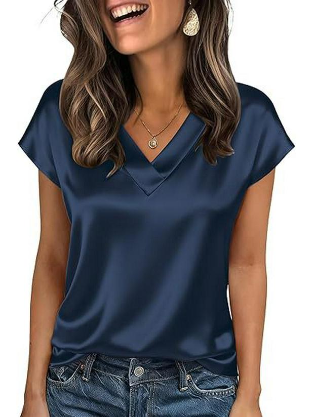 2026 Vår/Sommar Elegant Silke V-ringad Kortärmad Dam T-shirt