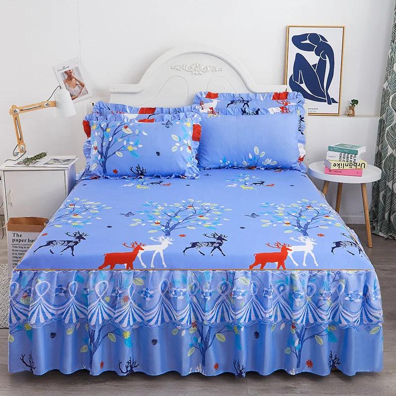 1PC Printed Bedding Set Lace Trim  Heightening Bed Skirt Pillowcase Set Anti-slip Mattress Cover Soft Comfortable Cotton Double