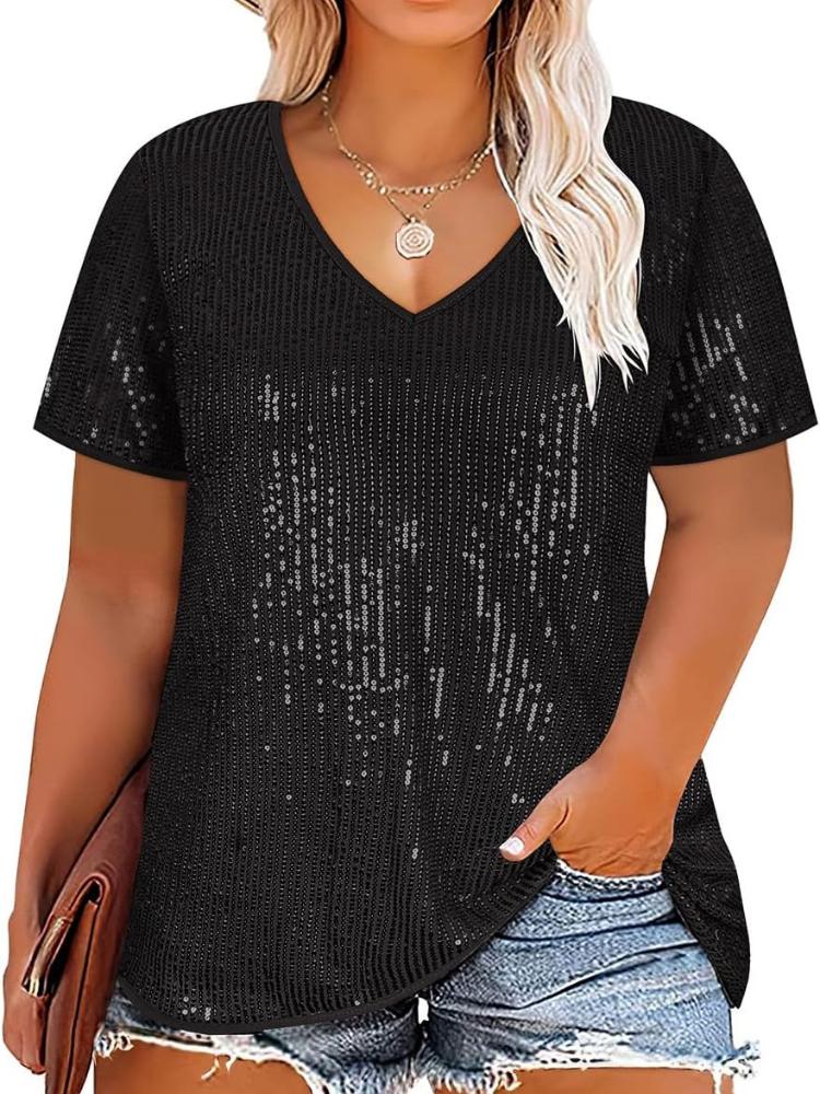

Топы с V-образным вырезом и коротким рукавом с пайетками, женская повседневная блузка, мерцающая туника для вечеринки в 5 цветах S чёрный