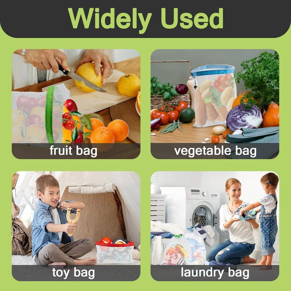 MAQIHAN 12PCS Reble Produce Bags - Mesh Produce Bags Drawstring Reble Washable Vegetable Storage Bags Refrigerator Keep Fresh Grocery Food Fruits