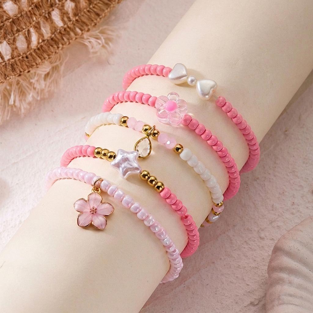 5pcs/set Bohemian Starfish Shell Imitation Pearl Bracelet for Women Ethnic Style Pink Beads Fishtail Flower Bangle Beach Jewelry