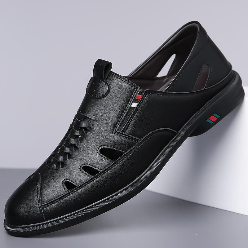 Fashion Spring Summer Hollow Casual Sandals Breathable Dual-use Men's Shoes Solid Color Fashion Soft Sole Leather Shoes Man