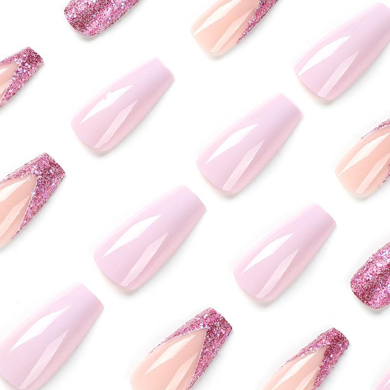 24Pcs/Set Quick Nails Purple Glitter French False Nials Sticker Wearable Waterproof Manicure Finished Nails