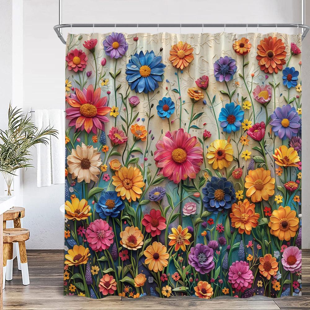 Colorful Boho Floral Shower Curtain Oil Painting Flowers Green Leaf Plant Spring Bathroom Decor Retro Polyester Bathtub Curtain