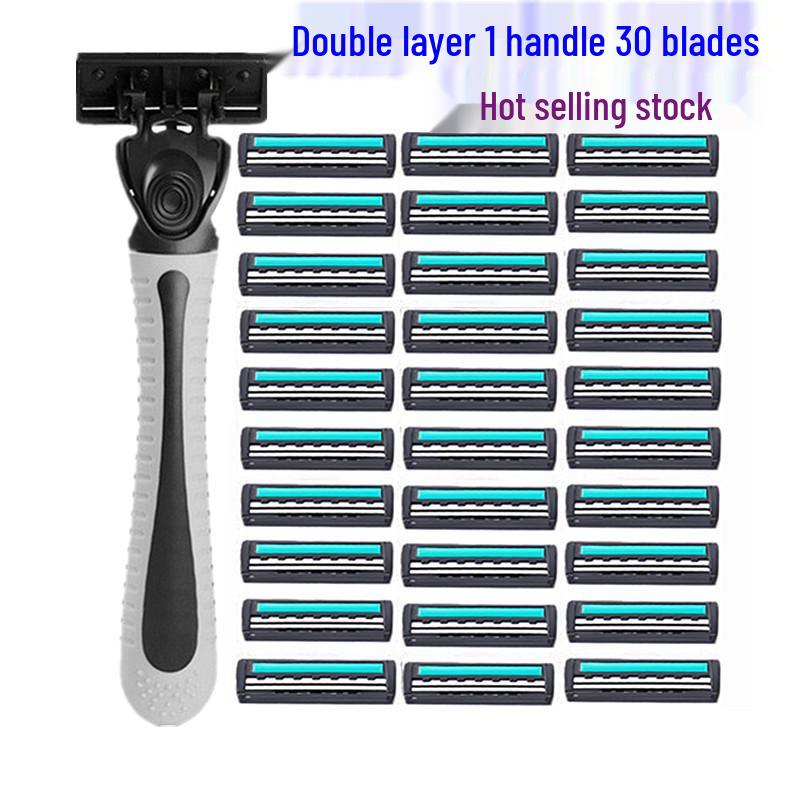 Jierui Stainless Steel Double Layer Manual Men s Razor with Holder and 30 Blades