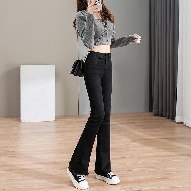 2024 Women s High-Waisted Black Micro-Flare Jeans - Slimming, Petite, Elastic Bell Bottoms with Raw Hem Size 29