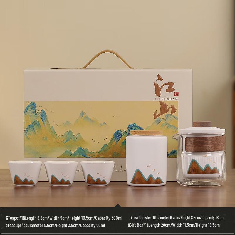 Qianli Jiangshan Ceramic Travel Tea Set One Pot, Three Cups & Tea Caddy Gift Set