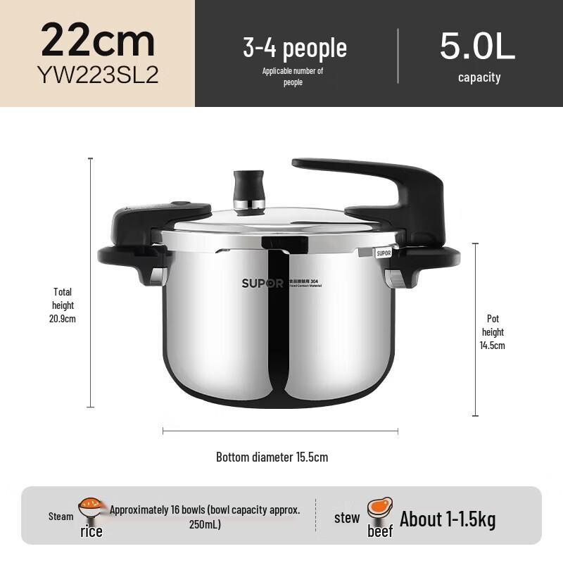 

SUPOR 304 Stainless Steel Pressure Cooker with Standable Lid