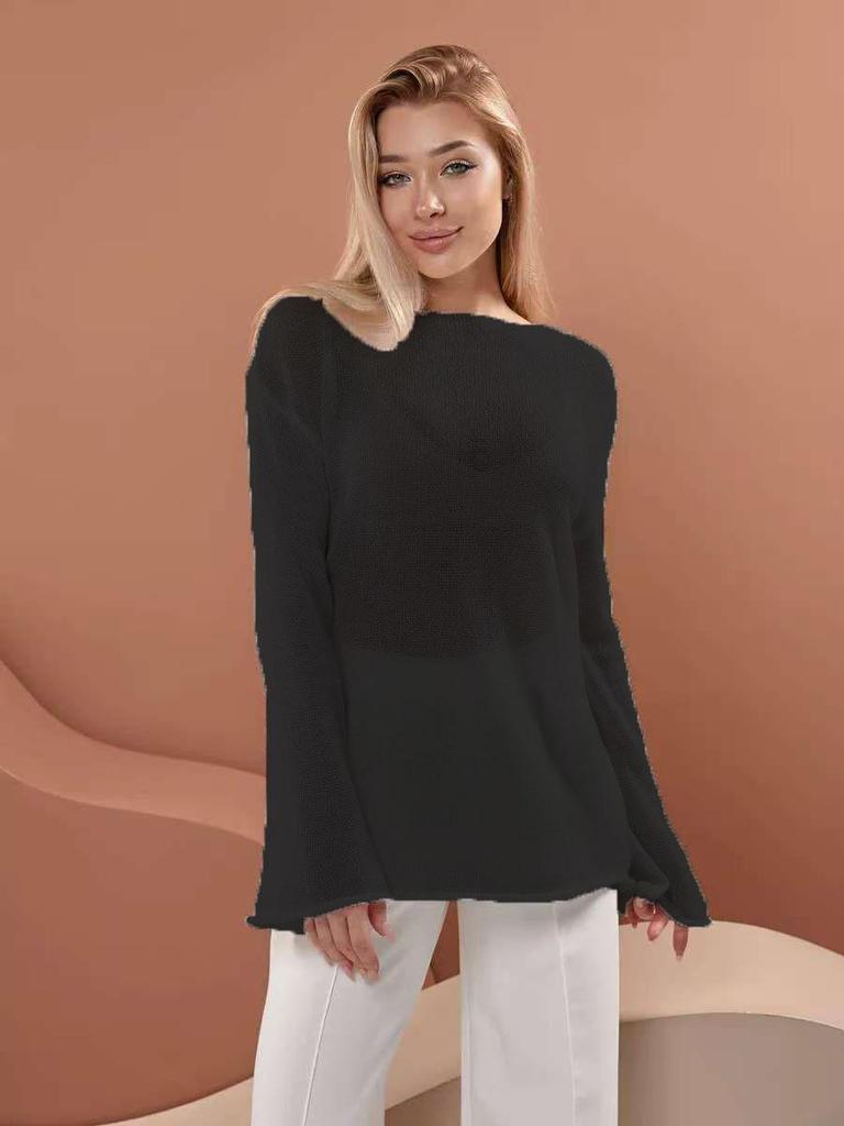 European-American Thin Round Neck Bell Sleeve Knitted See-through T-shirt (Spring/Summer 2025 Collection)