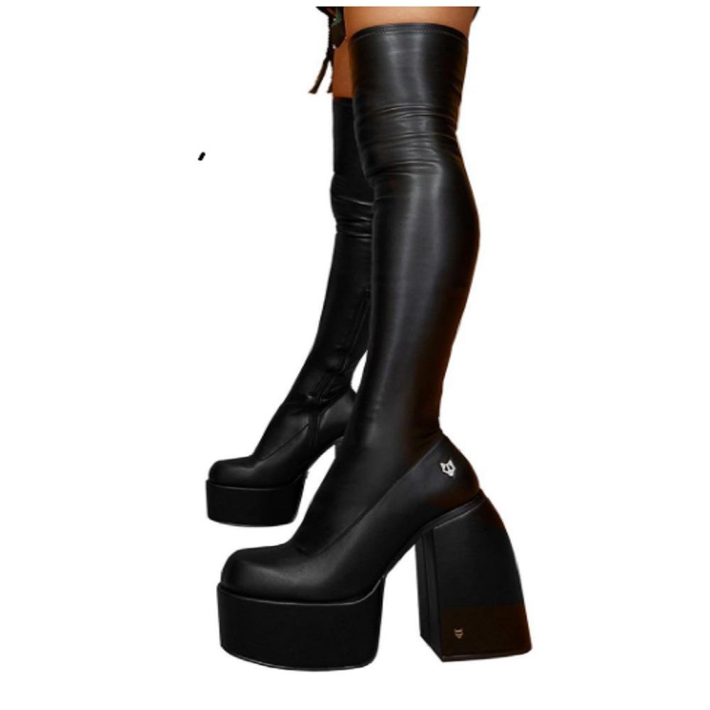 

Autumn and winter large size square head thick heel high tube thin leg knee elastic boots children s PU large size knight boots 43 чорний