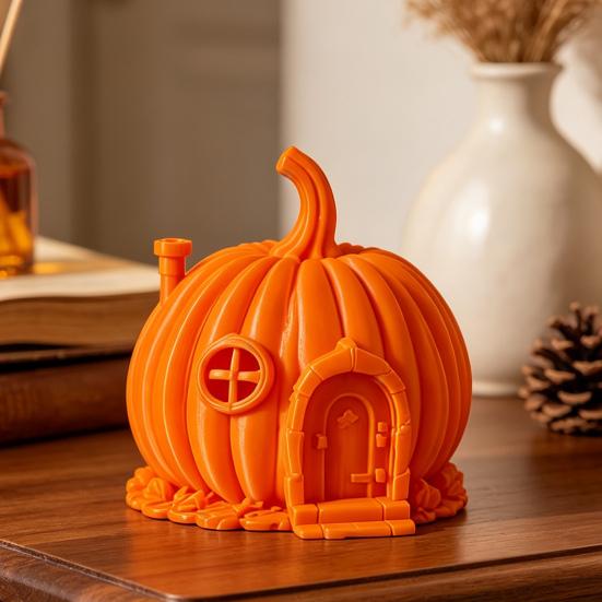 Retro Style Pumpkin Home Accents 3D Printed House Ornament for Halloween, Miniature Fairy Tale Cabin Creative Halloween Party Table Centerpiece
