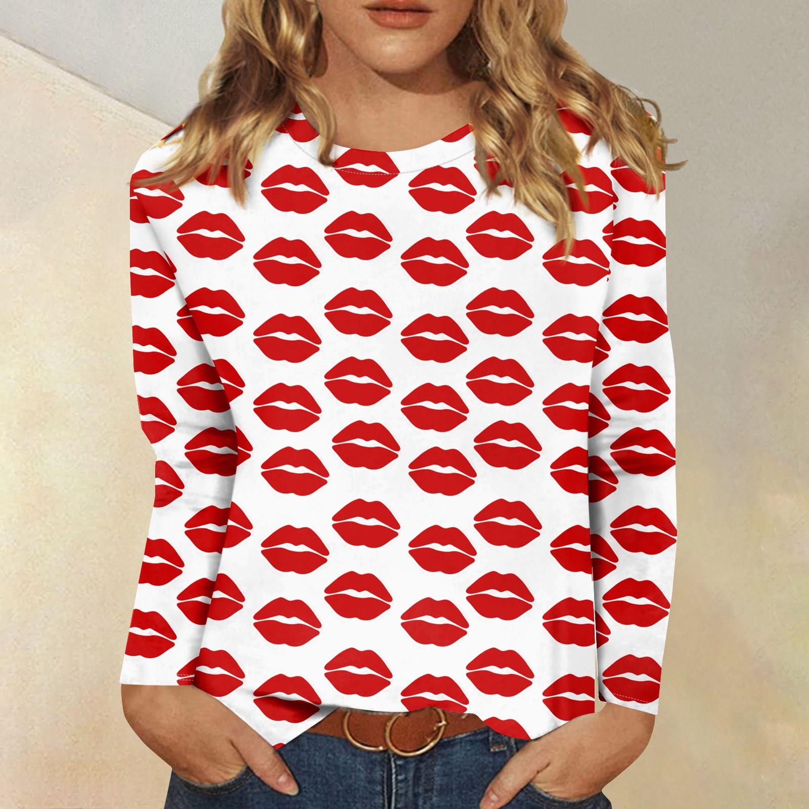 

Рубашки с длинным рукавом для женщин Милые принты Футболки Блузки Повседневные Большие размеры Базовые топы Пуловеры День святого Валентина M