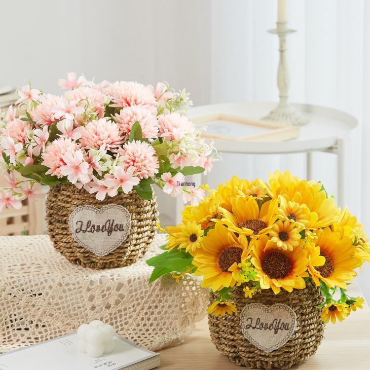 Silk Sunflower Floral Arrangement: Artificial Potted Bouquet for Living Room and Dining Table Decoration.