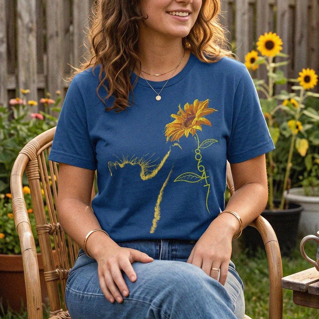 Minimalist Cat Sunflower Line Art Tee, Boho Botanical Vintage Shirt