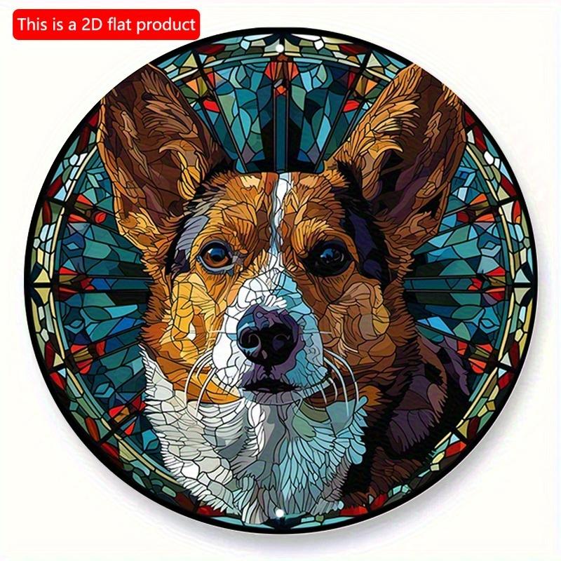 2D Flat 20*20cm1pc Cute Yellow Corgi High Quality Round Pendant, Colorful Color Block Splicing Dog Pattern Art Decorative Plate, Suitable for Bedroom