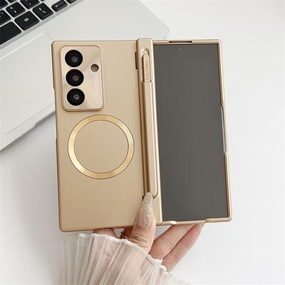 For Samsung Galaxy Z Fold 7 6 5 Plated PC with Stroke Tempered Glass Front Film Drop and Anti Fingerprint Phone Case