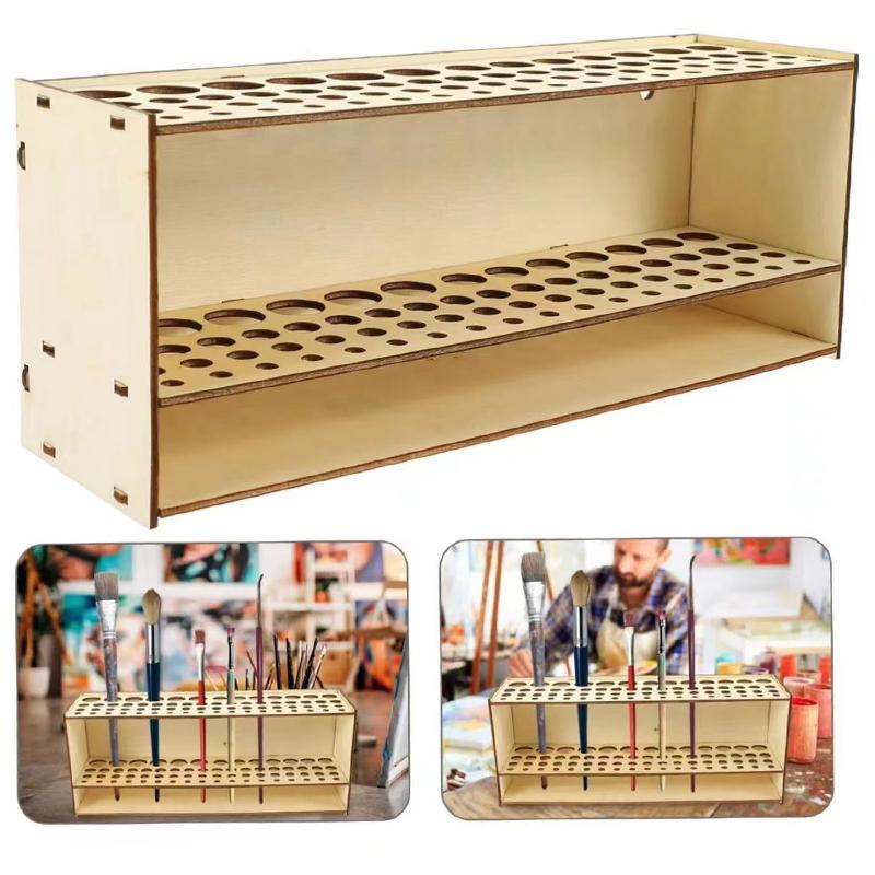 67Holes Wall Mount Premium Wooden Brush Holder Artist Desk Organizer Pencil Paint Brushes Display Storage Box Paint Brush Holder