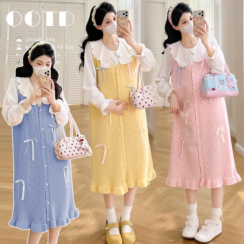 

2026 Spring Maternity Two-Piece Set: Age-Reducing Doll Collar Shirt & Candy Color Knit Vest Dress M