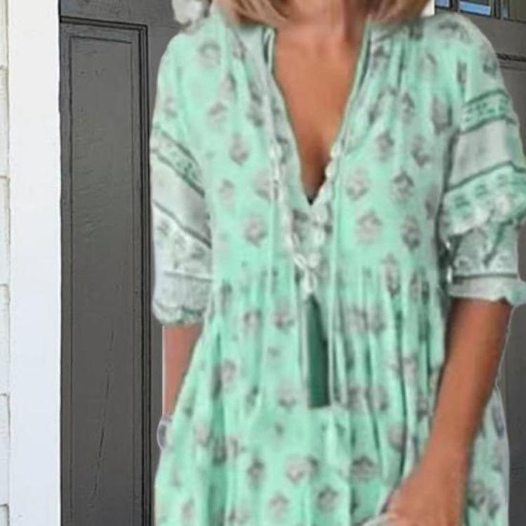 Letnia Sukienka Maxi Styl Bohemian Wysoki Stan Linia A Plisowana Rozkloszowana Z Nadrukiem Dekolt V Rękawy Latarenkowe Sukienka Wiosenna