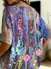 Women's Simple Floral Pattern Printed V-Neck Top Three Quarter Sleeves Loose Large Size Casual Daily T-Shirt - Accessories Not Included