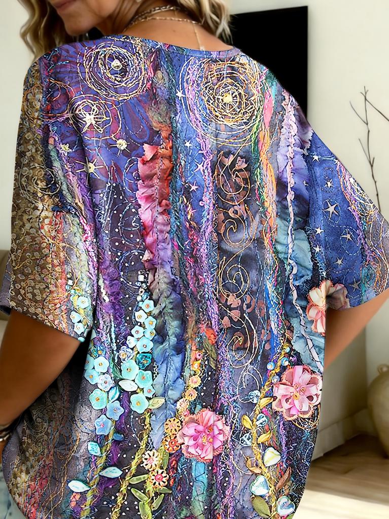 Women's Simple Floral Pattern Printed V-Neck Top Three Quarter Sleeves Loose Large Size Casual Daily T-Shirt - Accessories Not Included
