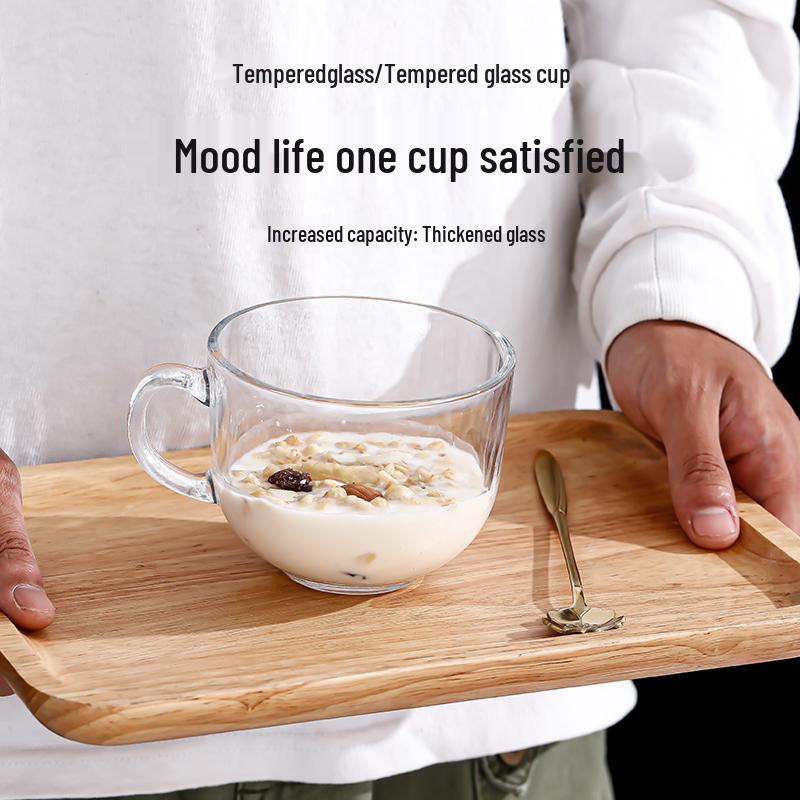 Glass Breakfast Cup with Lid and Handle for Oats, Yogurt, Milk, Coffee - Large Capacity, Transparent