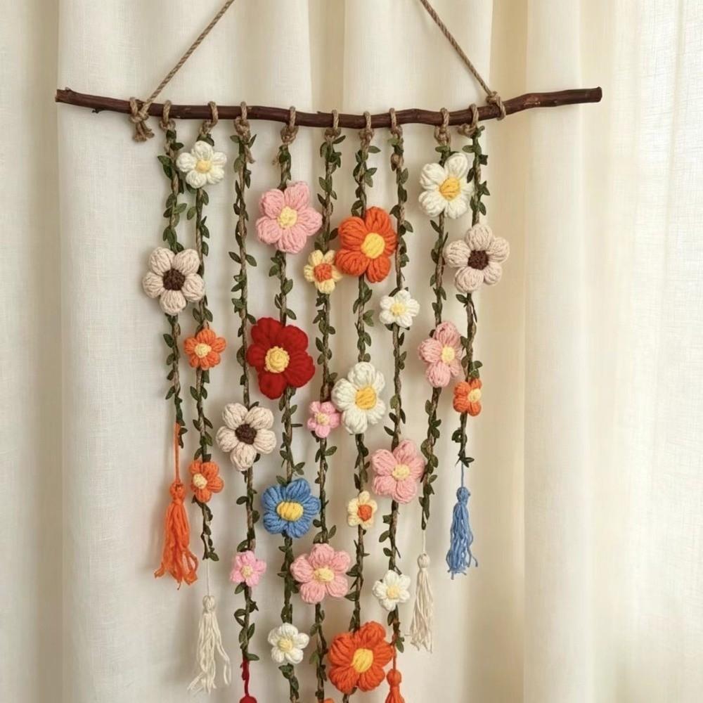 Natural Wooden Branch Flower Vine Tassel Ornament Hand Knit Flower Tapestry Living Room