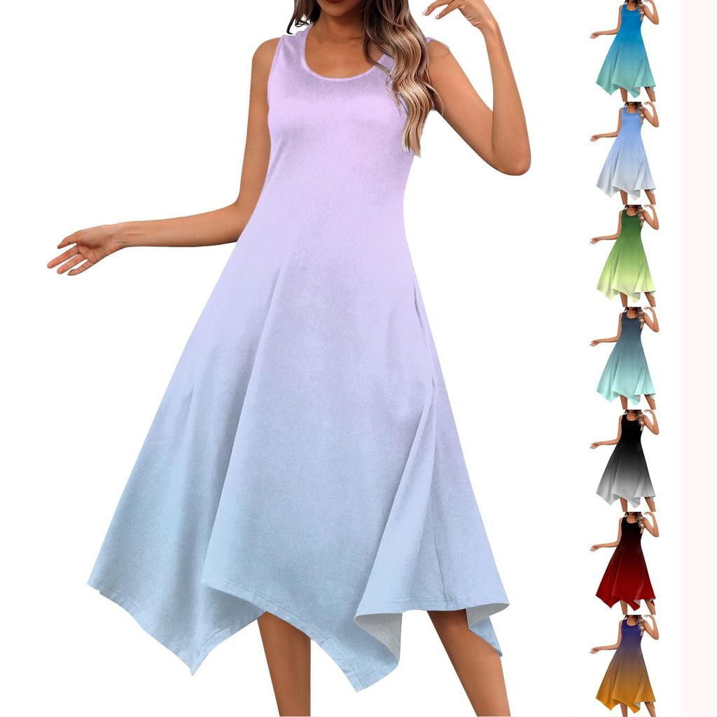 Women's Casual Fashion Round Neck Sleeveless Print Irregular Hem Midi Dress