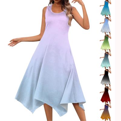 Vestido midi feminino casual moda gola redonda sem mangas com bainha irregular
