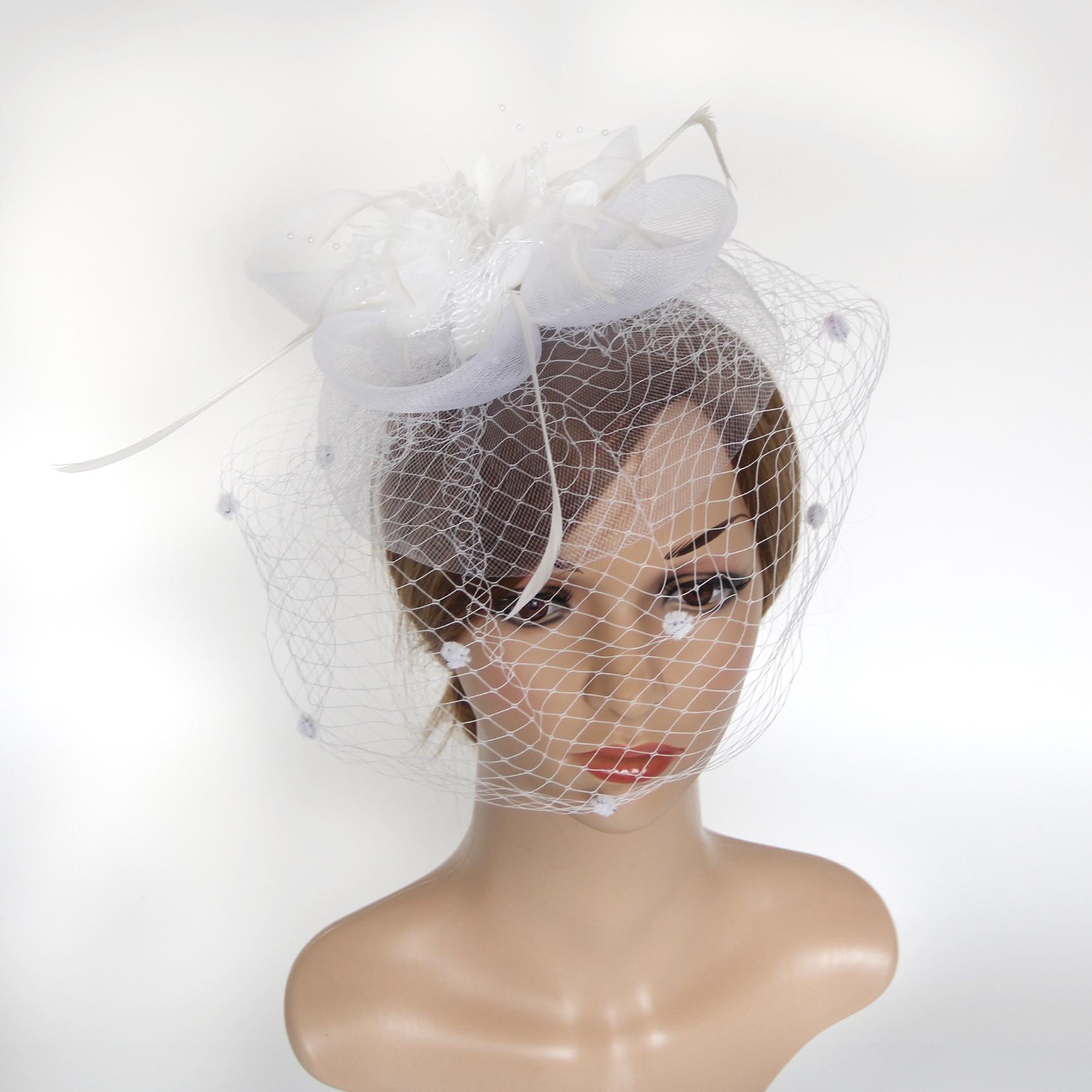 

Большой зажим для головы с перьями и цветами, вуаль, повязка на голову, зажим для волос, свадебные гонки Ascot белый