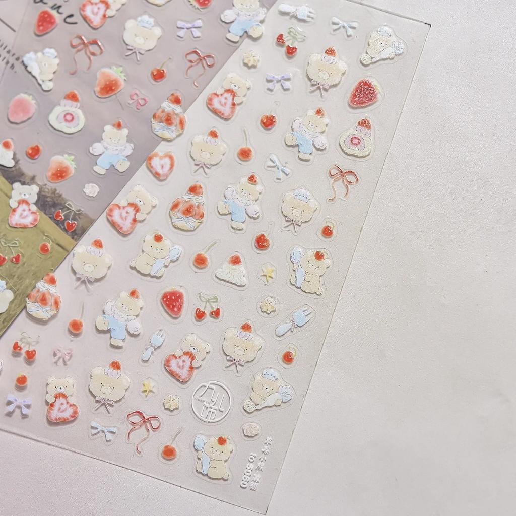 5D Pudding Jelly Dessert Fruit Cherry Pink Claw Print Bowknot Tie Knot Love Heart Stars Nail Art Sticker Adhesive Manicure Decal