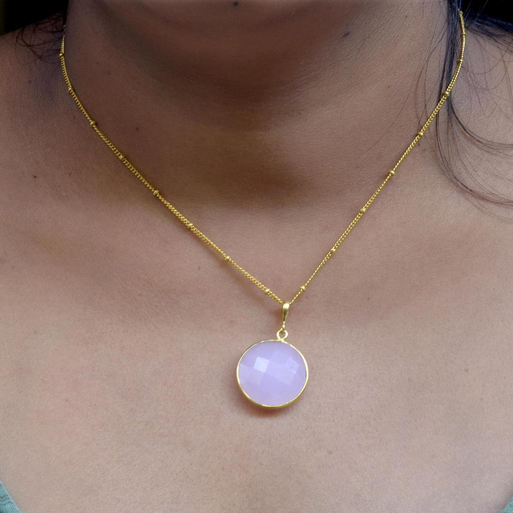 Rose Quartz 925 Sterling Silver Women Necklace, 22 K Gold Plated Gemstone Necklace Jewelry