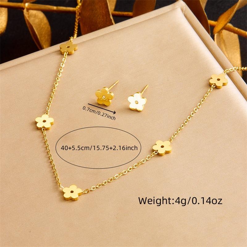 Gold Flower Charm Jewelry Set with Necklace Bracelet and Stud Earrings