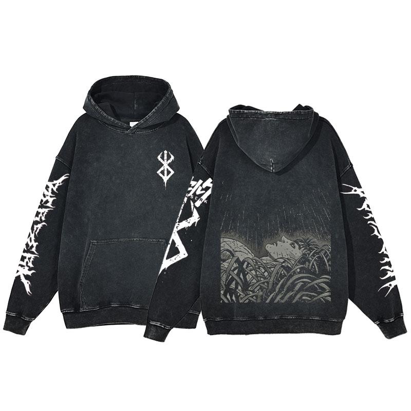 

Толстовка Berserk Anime Acid Washed Hoodie Мужская одежда Винтажные хлопковые толстовки Женские толстовки с капюшоном в стиле хип-хоп Одежда Y2K Oversized XXL белый/чёрный