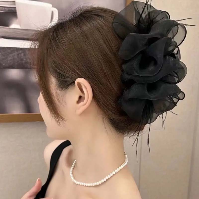 Korean Ribbon Feather Bow Hair Claws for Women Girls Hair Clip Simple Elegant Barrette Black Grab Clip Fashion Hair Accessories